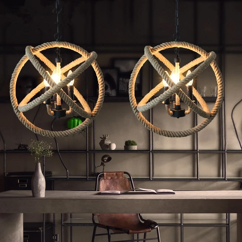 GZMJ Страна Чудес ручной вязки Винтаж подвесной светильник на пеньковом канате