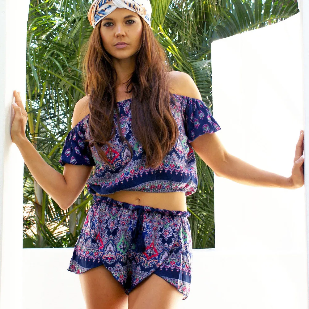 2016 Новая Мода Boho Печати Шифон 2 Шт. Комбинезон Установить Sexy Slash Шеи Летние Пляжные