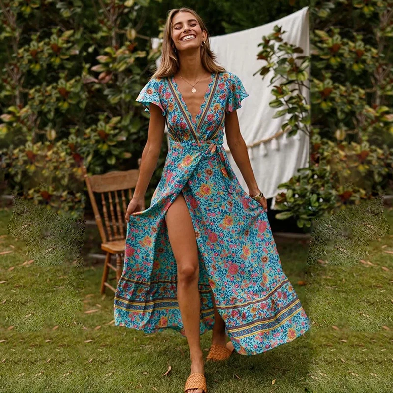 

KIYUMI Dress Women Boho Rayon Summer Dress Split Big Swing Short Sleeve V-neck Cardigan 2019 Floral Printed Lace Up Long Dresses