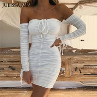 julissa mo women bandage bodycon dresses 2020 autumn off shoulder long sleeve ruched dress white backless short party vestidos
