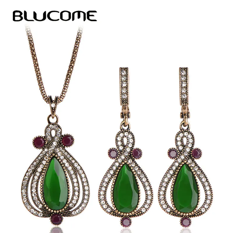 

Blucome Vintage Necklace Earrings Jewelry Sets Drop Pendant Antique Gold Resin Women Wedding Party Accessories Exquisite Gifts