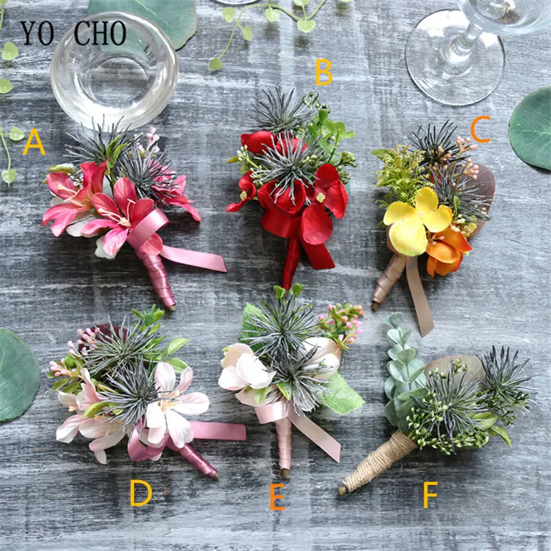 

YO CHO Wedding Wrist Bracelet Bridesmaid Flowers Buttonhole Babysbreath Succulent Bestman Corsage Groom Boutonniere Silk Flower