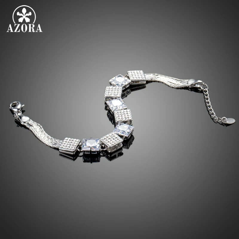 AZORA Pave Clear Austrian Rhinestone Chain Link Bracelets for Women Geometric Cubic Zirconia Wedding Bracelet &amp Bangles TS0169 |
