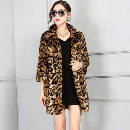 Leopard print Fashion Stand collar Faux Fur Coat N65