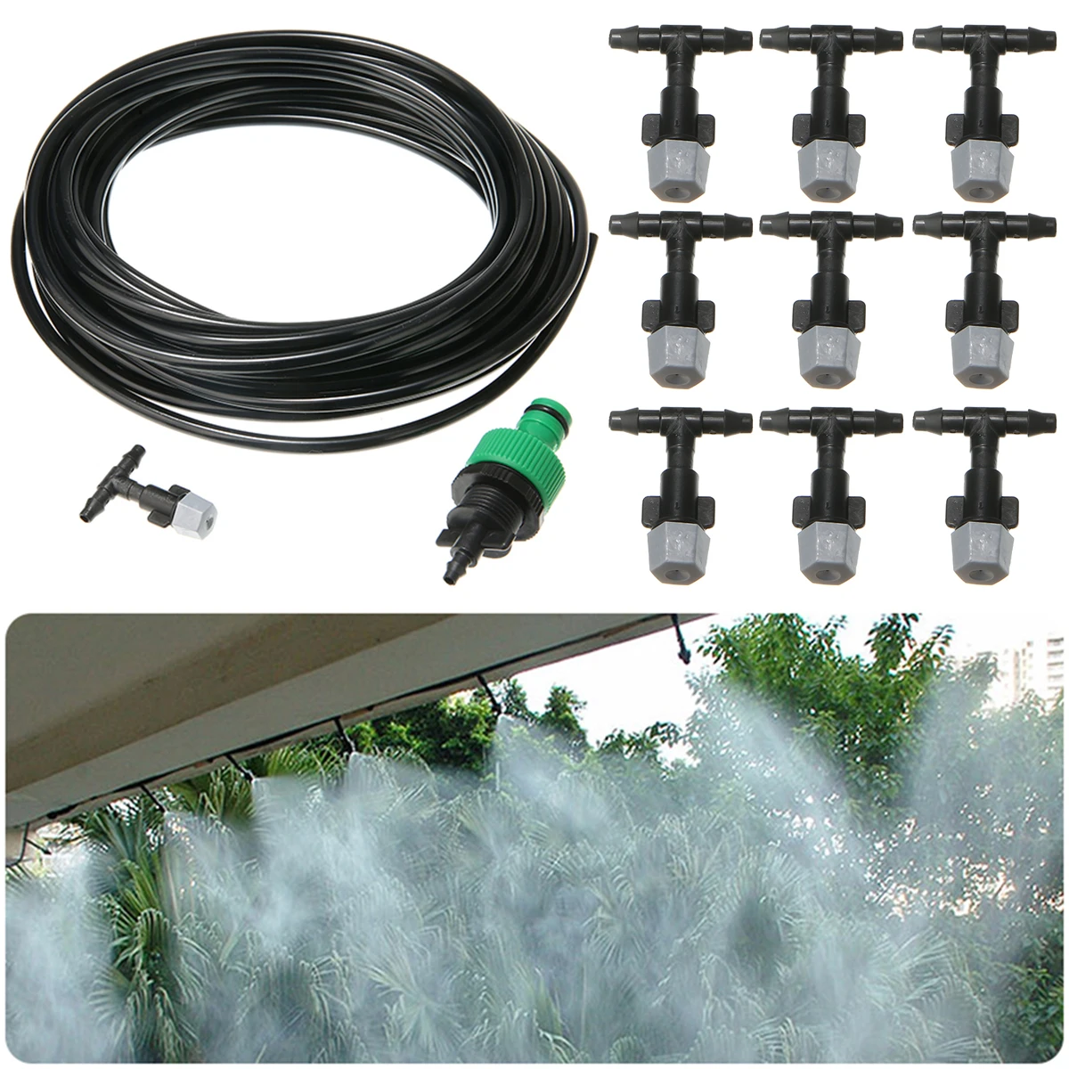 

10m Nozzles irrigation system Portable Misting Automatic Watering Garden hose Spray head with 4/7'' PE Hose and connector