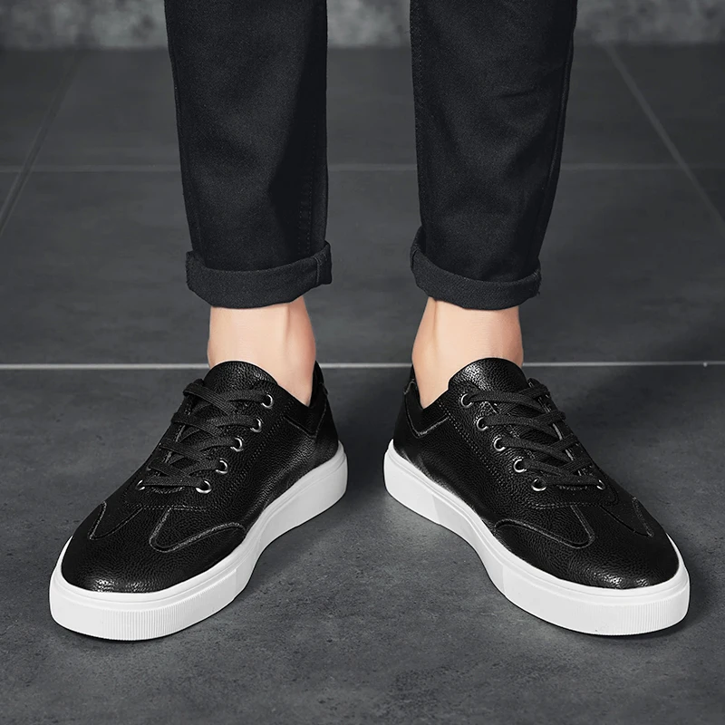 Skate Shoes for Male Black White Man Casual Autumn Winter Footwear Adult PU Leather Rubber Sole Classic | Обувь