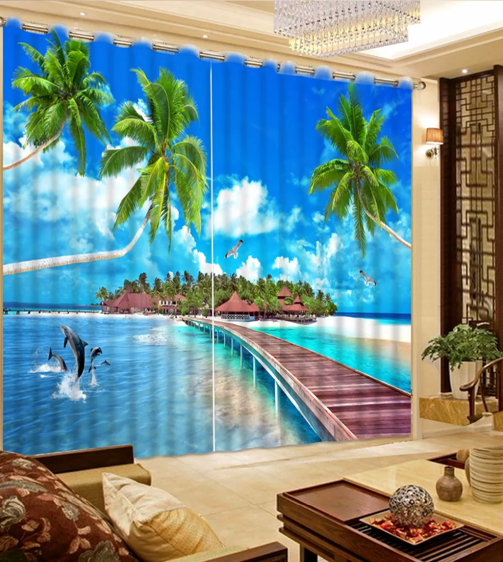 

Fashion Customized Seascape Wooden Bridge Scenery Curtains White Clouds Blue Curtains Blackout Shade Window Curtains