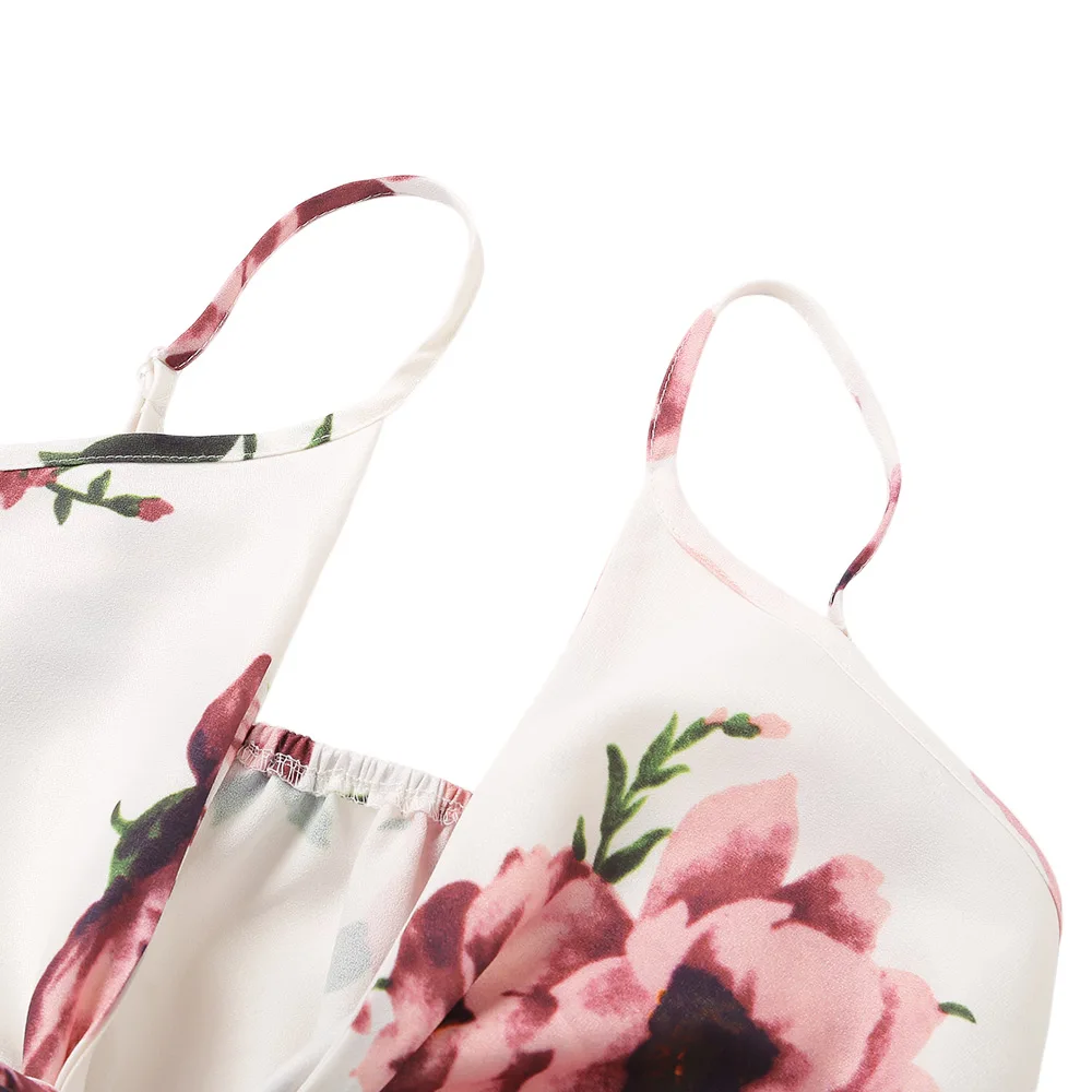 Комбинезон Лето 2018 с цветочным принтом на тонких бретелях, с вырезами, бантом и рюшами для женщин, ромпер, бохо-пляжный комбинезон, повседневные джинсы для девушек.