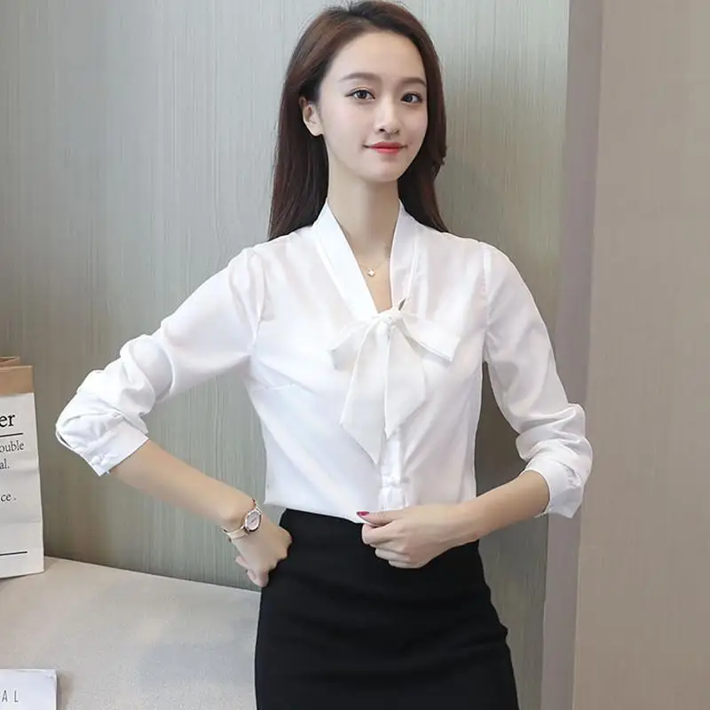 

Elegant Bow Tie Women Shirt 2019 Spring Autumn Ladies Solid Long Sleeve Chiffon Shirts Casual Blouses Business Tops Blouse D146