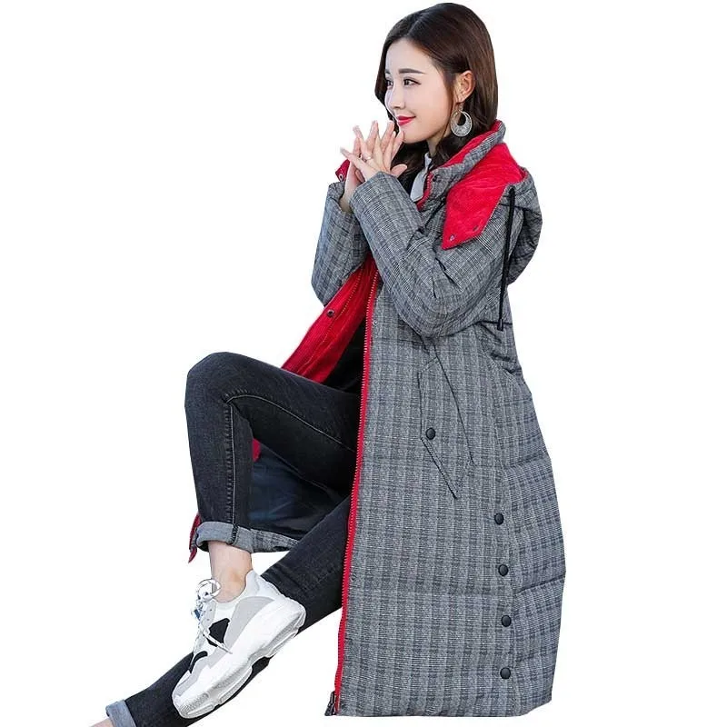 

5XL Plus Size Winter Feather Cotton Jacket Jacket 2018 Fashion Lattice Red Loose Coat Thickened Warm Hat Padded Jacket Female 16