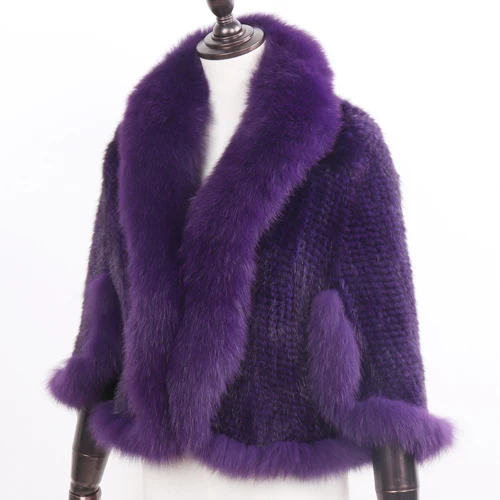 purple Настоящее пончо из норкового меха Трикотажные натуральная норка меховая шаль натуральный Лисий меховой воротник пашмины осень зима норковые меховые шарфы - Цвет: purple