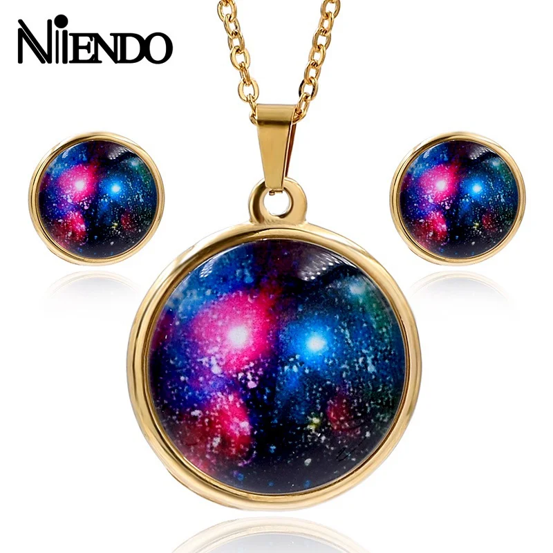 NIENDO Present Hot sale Fashion Women Stainless Steel solar eclipse Glass ball of universe sights pendant earrings Jewelry Sets | Украшения