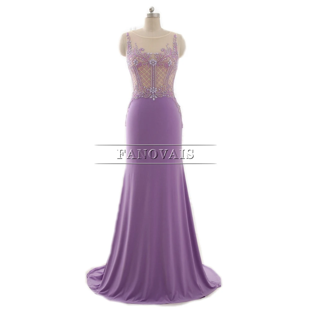 Длинное вечернее платье с кристаллами и бусинами Настоящее изображение лиловое