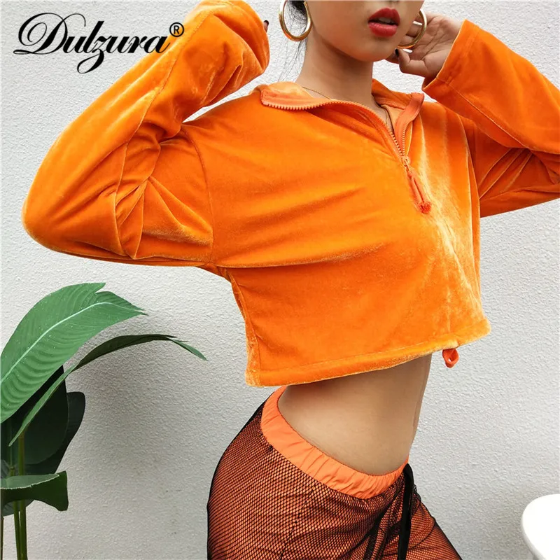 Dulzura sweatshirt women female zipper orange crop top loose hoodie style turtleneck long sleeve velvet 2018 autumn winter new | Женская