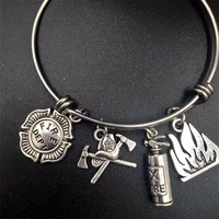 64mm wholesale bulk stainless steel adjustable wire bangle charm bracelet fireman firefighter family jewelry gifts for wife mom