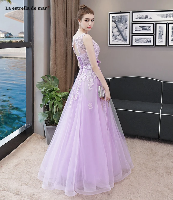 Robe de hond'honneur pour mariage Новое Тюлевое бисерное сзади ТРАПЕЦИЕВИДНОЕ лиловое платье подружки невесты длинное свадебное платье для гостей