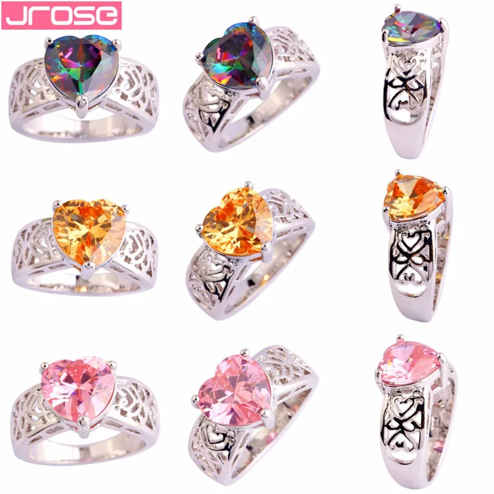 

JROSE Wholesale Lover Romantic Simple Jewelry Multicolor & Pink & Yellow Cubic Zircon Silver Fashion Ring Size 6-12 Jewelry Gift