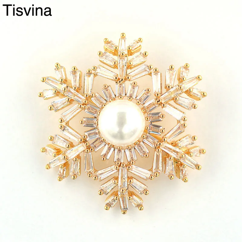 Tisvina 2018 Новые Броши снежинки для женщин с жемчугом и квадратным кристаллом циркон