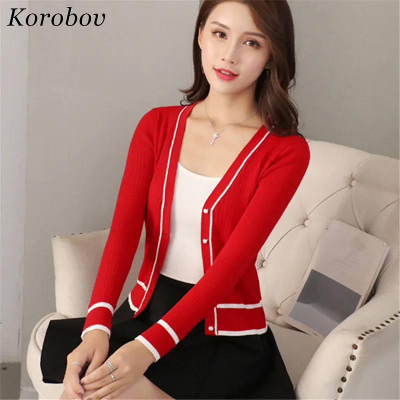 2019 осень новый вязаный корейский свитер женский пэчворк v-образный вырез