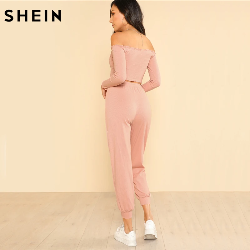 SHEIN Модный Топ С Открытыми Плечами И Спортивные Брюки Женский Спортивный Костюм