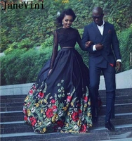 janevini 2019 elegant floral prom dress black girls satin two pieces long sleeves evening party gowns lace open back gala jurken