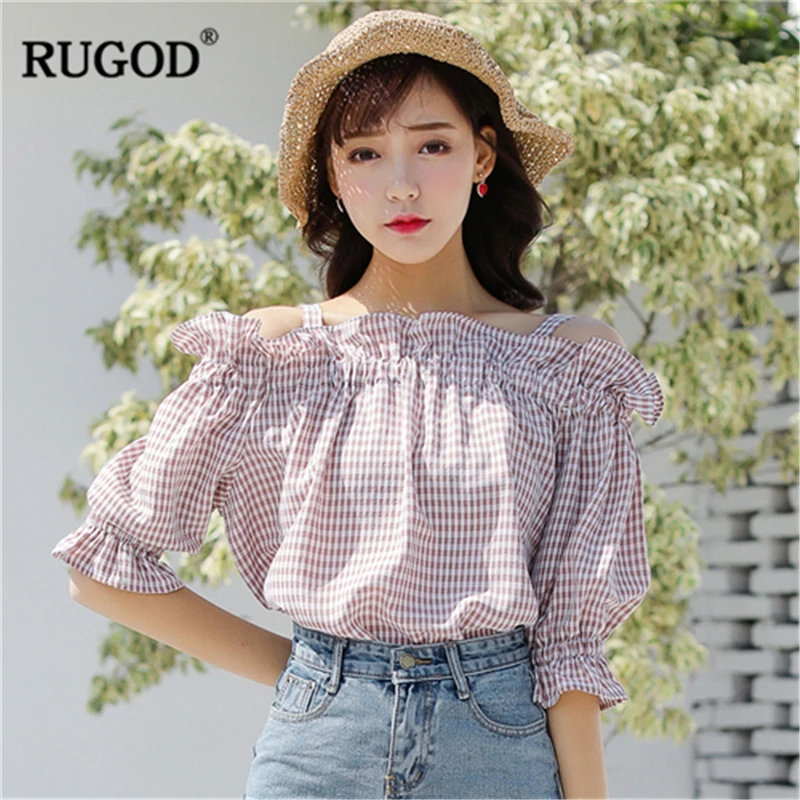 RUGOD женские блузки в клетку с открытыми плечами и коротким рукавом эластичная