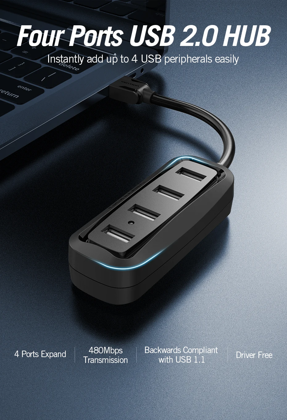 Адаптер-переходник Vention USB док-станция USB 2,0 концентратор 4 Порты и разъёмы USB разветвитель с Светодиодный индикатор USB HUB для Macbook Pro PC компьютер ноутбук планшеты концентратор Мульти USB hab