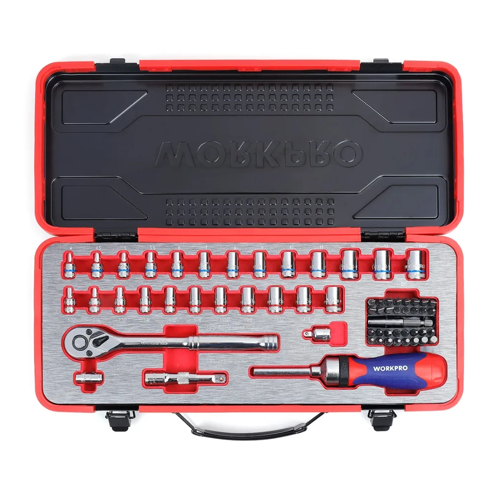 WORKPRO 62 шт металлический ящик набор инструментов для ремонта автомобиля наборы инструментов для дома инструменты 1/" 3/8" набор Dr. Sokcet динамометрический ключ с храповым механизмом