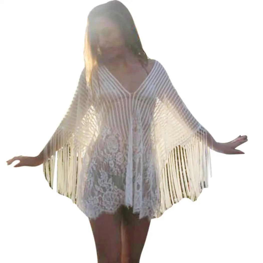 New Fashion Women Beach See Through Floral Bikini Cover Loose Up Regular V-neck Long Sleeve Tassel |