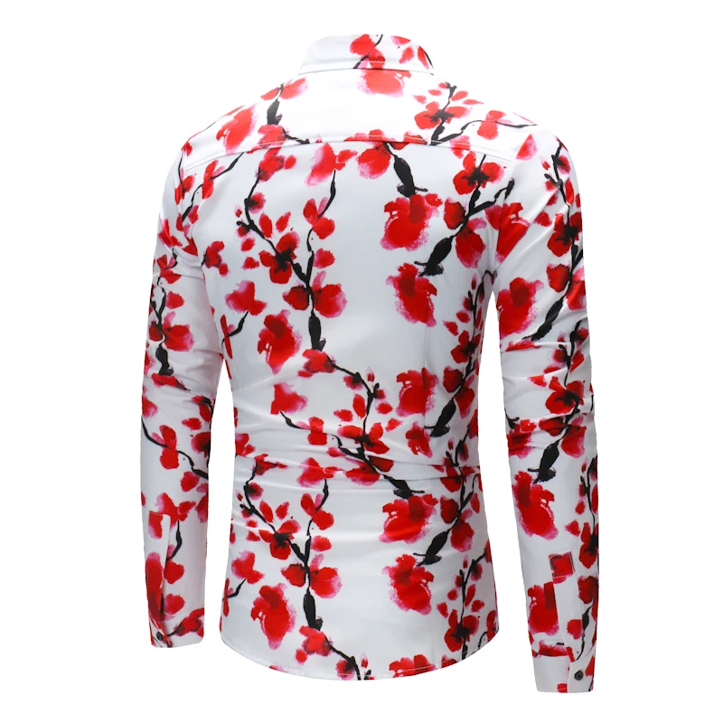2018 рубашка Для мужчин новый Красной сливы Цветочный принт Slim Fit хлопковая Рубашка