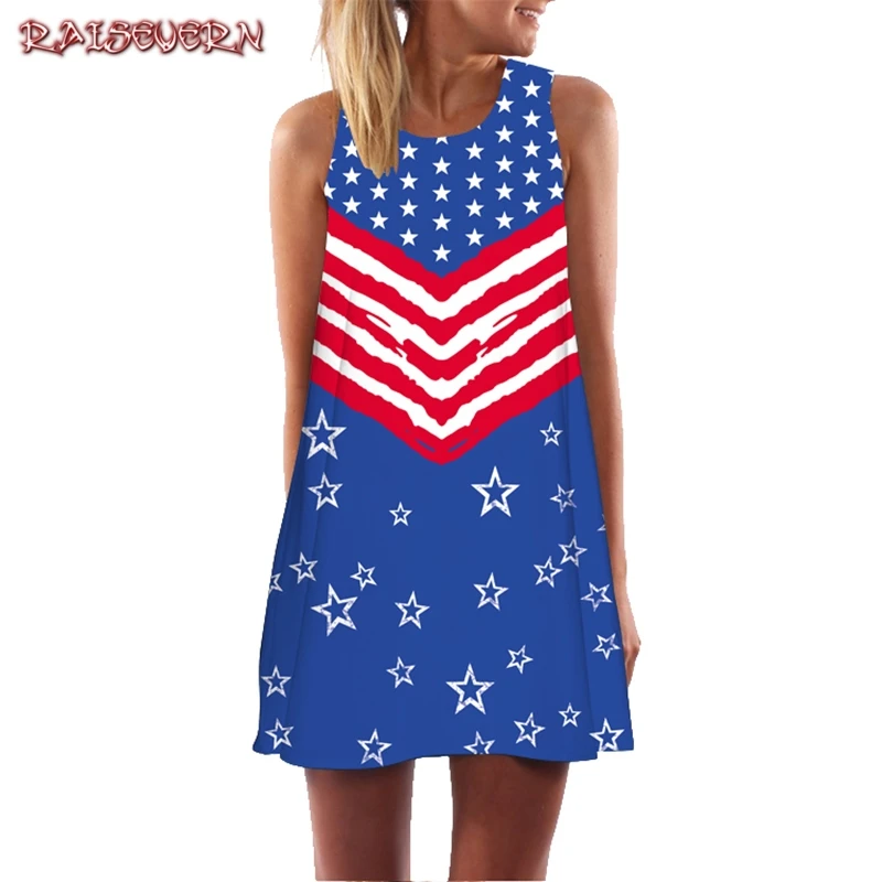 

Raisvern летнее платье женские повседневные патриотические полосы Звезда американский флаг печать 3D платья с круглым вырезом без рукавов в пол...