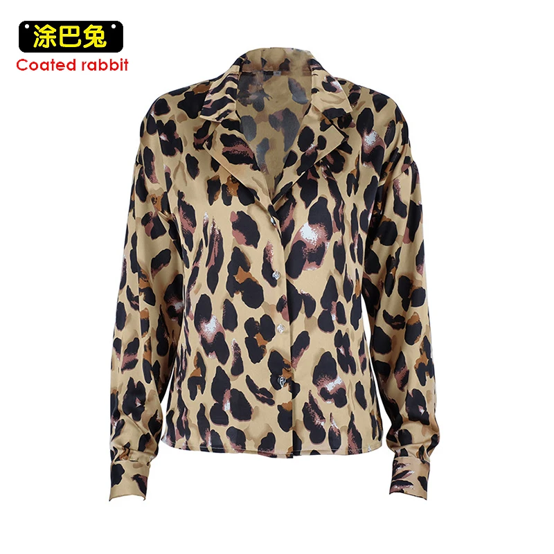 CR сексуальный леопардовый принт Топы женские с длинным рукавом атласная блузка