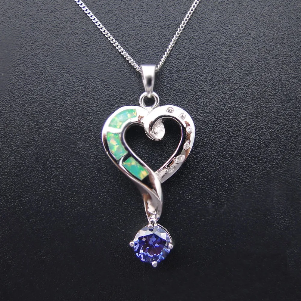 

Heart Silver Pendant Green Opal & Tanzanite CZ Pendant 925 Sterling Silver Jewelry Women Lover Gift