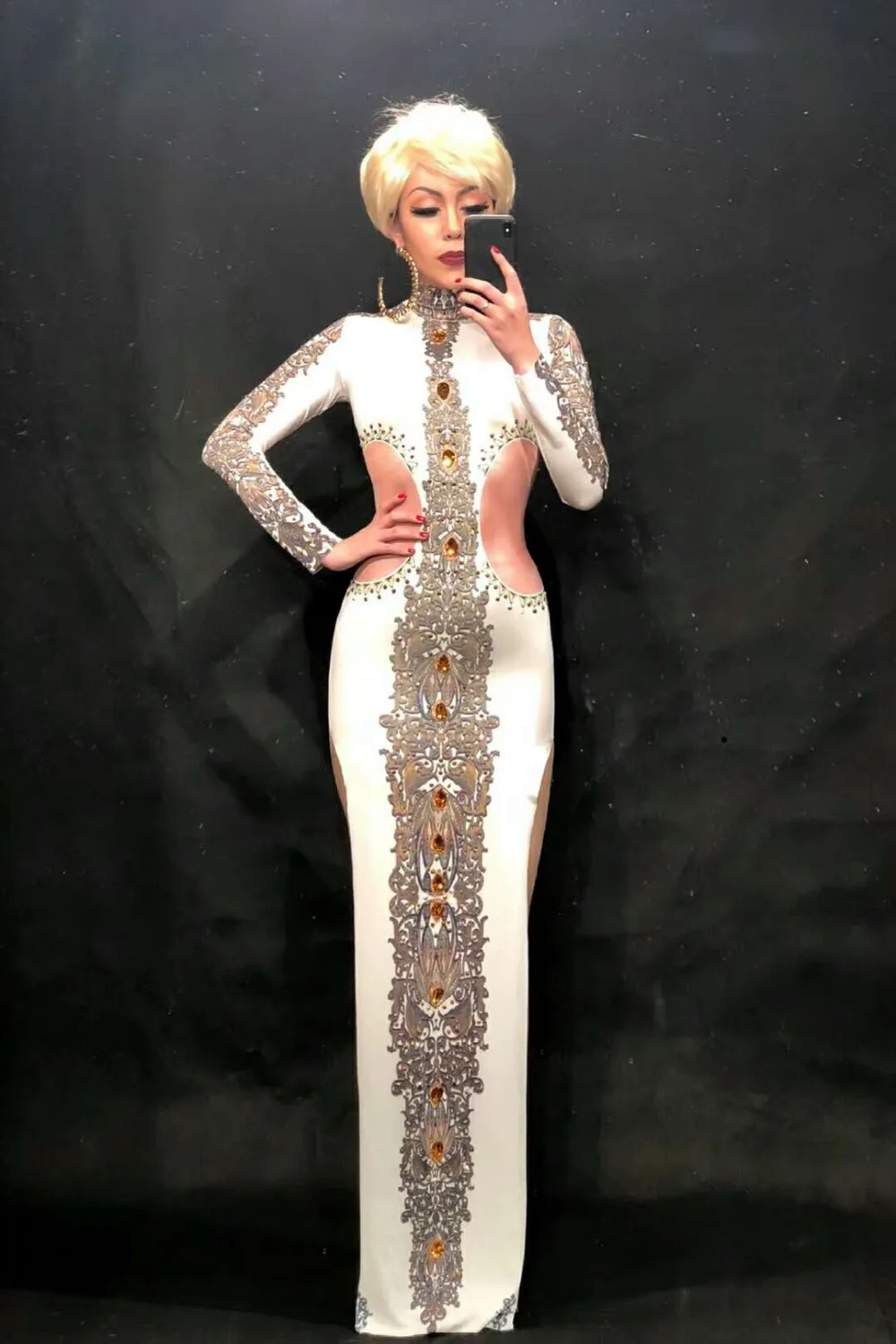 Women New Sexy White Long Dress Big Yellow Rhinestone Sparkling Nightclub Party Banquet Clothing Stage Wear Singer Costume | Тематическая