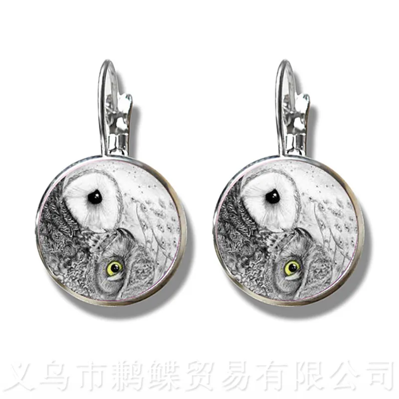 Owl Pattern Classic Stud Earrings Insect Art Picture 16mm Glass Cabochon Dome Silver Plated For Women Girls Gift | Украшения и