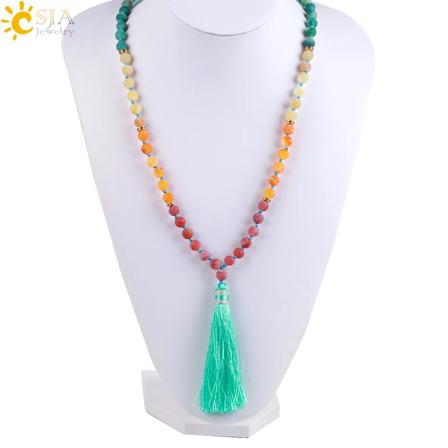 Женское длинное ожерелье CSJA из 7 чакр с кисточкой камня Mala Amazon Lapis Lazuli Tiger Eye Boho