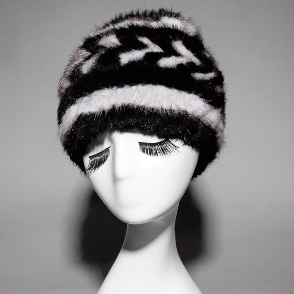 Вязаная шапка из меха норки для женщин в полоску натурального модель 15676 года|knitted