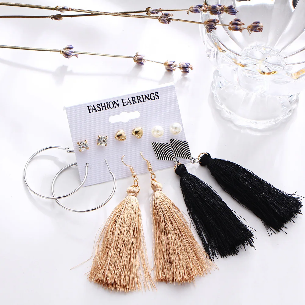 Tassel Fringe Korean Women Earrings 2019 Earring Triangle Long Sets Pendientes Mujer Moda Six-piece Set | Украшения и аксессуары