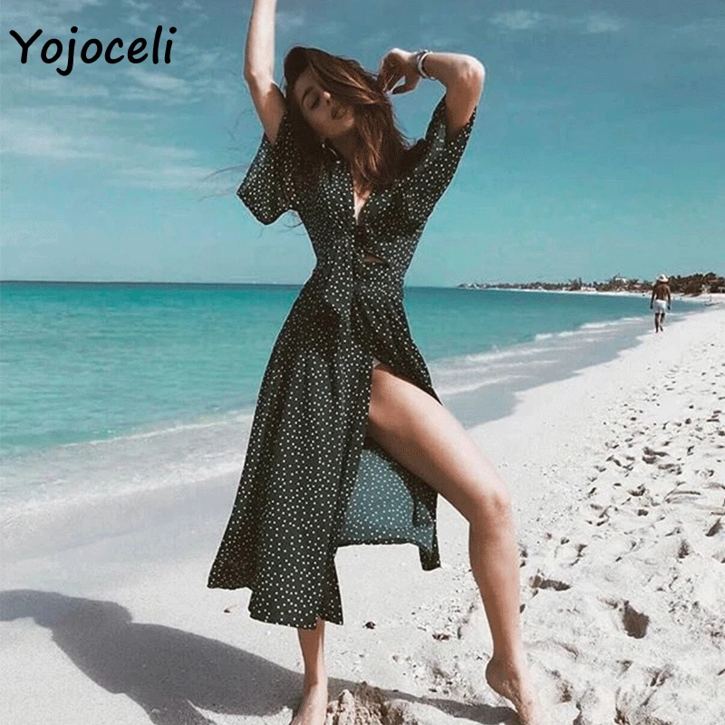 Женское пляжное платье Yojoceli Элегантное Длинное Повседневное в горошек с бантом