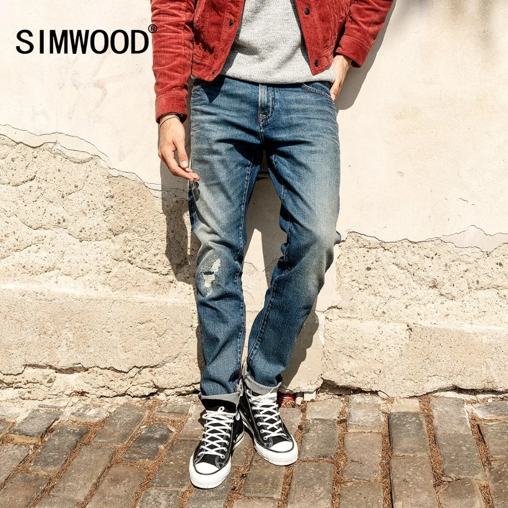 SIMWOOD 2019 Брендовые мужские джинсы модные Ripped Dark Wash Slim Fit джинсовые брюки плюс