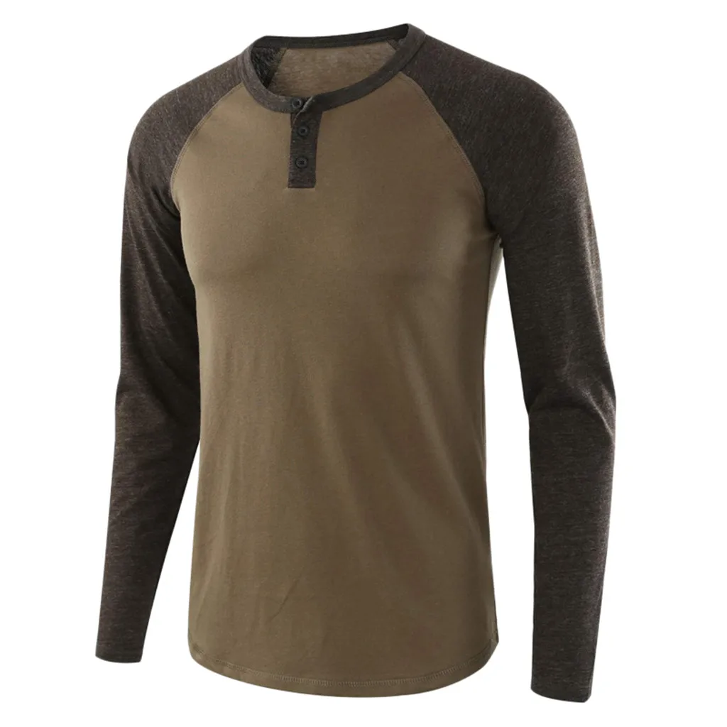 New men's solid color stitching casual long-sleeved t-shirt tops long sleeve men and women round neck shirt | Мужская одежда