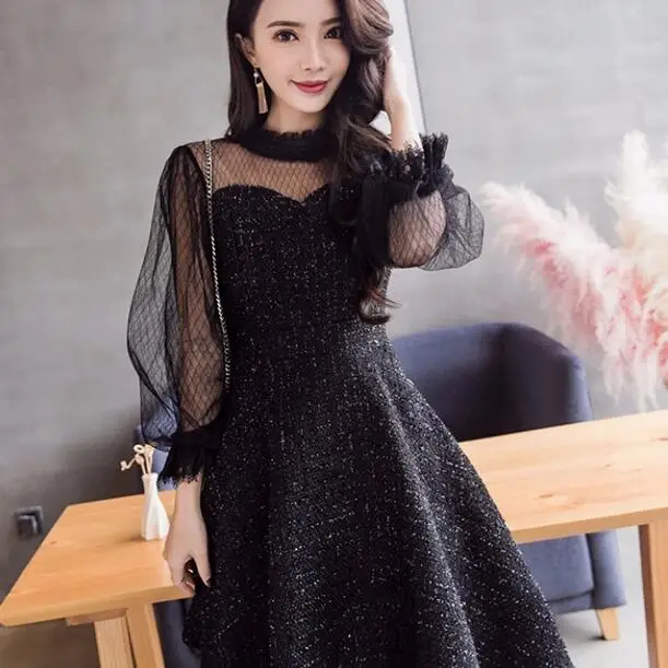 2019 new arrival autumn and winter luxury runway Splicing mesh Tweed Dress Lantern Sleeve Chic vestidos DC847 | Женская одежда