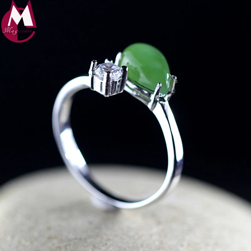 Женское кольцо с каплями воды зеленое Jade из серебра 925 пробы круглыми кристаллами
