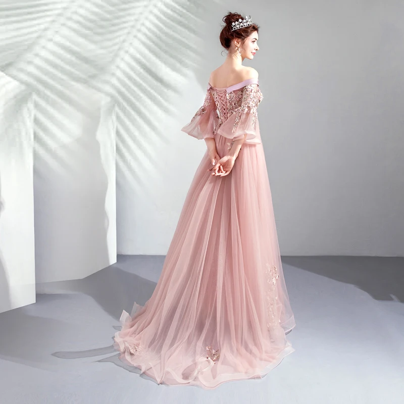 Женское вечернее платье до пола SSYFashion розовое с вырезом лодочкой рукавами 2019 и