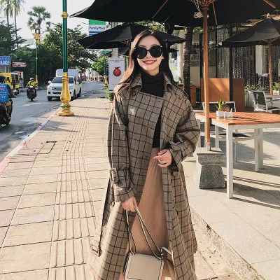 Women plaid long coat with belt casual windbreaker sleeve loose overcoat female outerwear autumn winter trench coats | Женская одежда