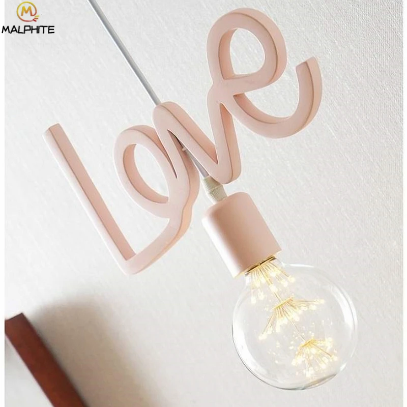 

Modern Korean LED Pendant Lights Princess Princess Room Pink Love Hanging Luminaire Pendant Lamp Wedding Decor Lighting Fixtures