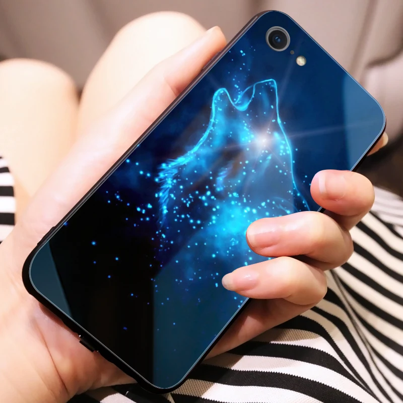 Yagoo умный светодиодный светящийся чехол для телефона для iPhone 7 8 Plus чехол s задняя крышка для Apple с животным узором Funda роскошный стеклянный силиконовый чехол