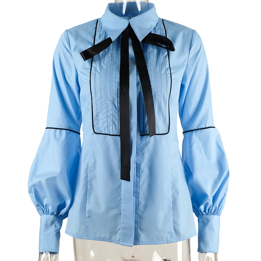 Office Bow Tie Blouse Women Lantern Sleeve White Button Necktie Shirts Female Elegant Work Shirt Casual Tops New 2018 Spring |
