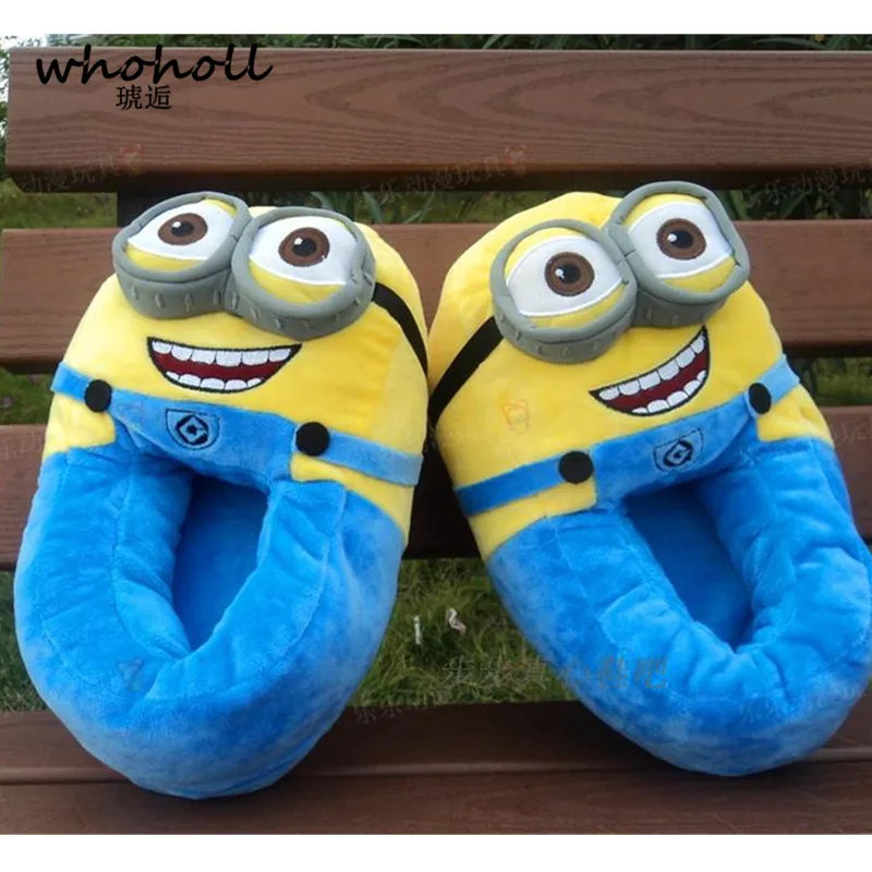 two eyes laugh Зимние домашние тапочки; мужские и женские тапочки с изображением миньонов из мультфильма «Гадкий я»; забавные плюшевые тапочки; домашняя обувь из флока для взрослых - Цвет: two eyes laugh