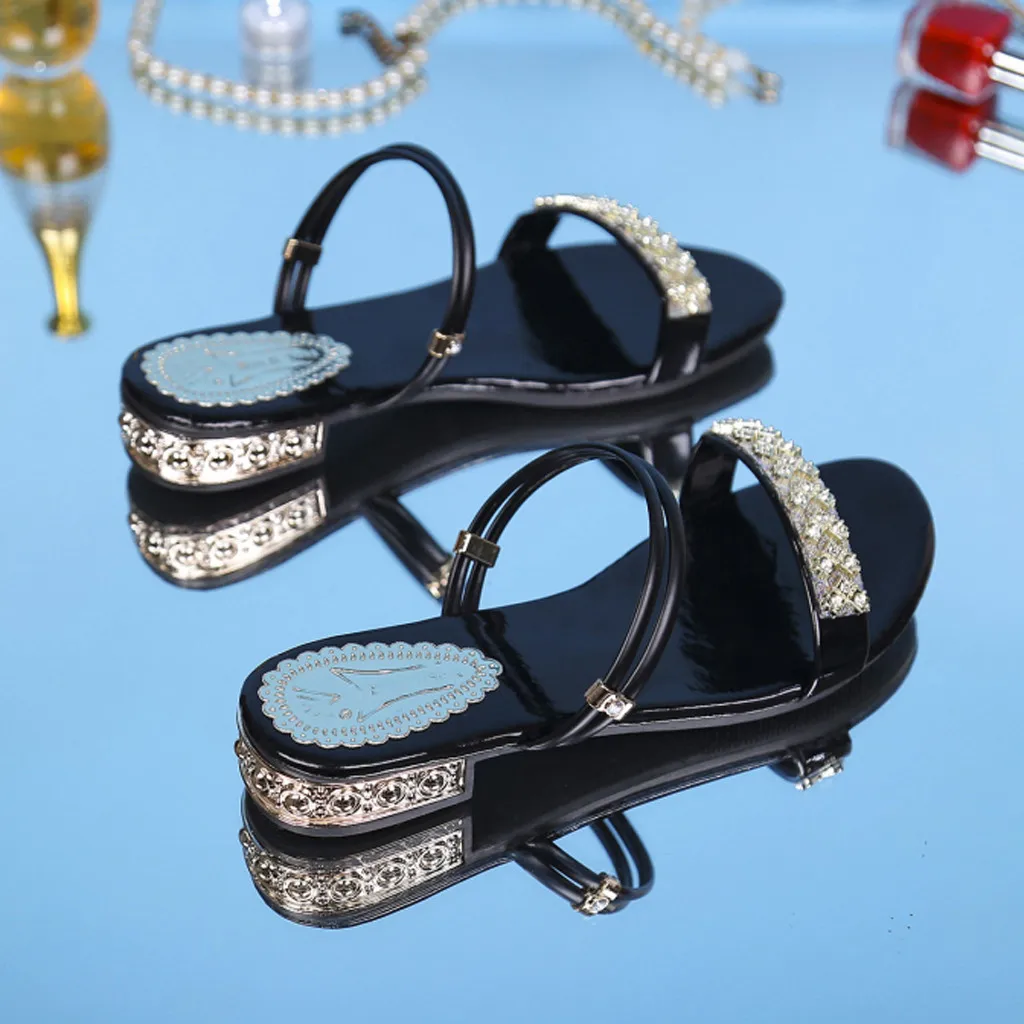С волнообразным краем; Zapatos De Mujer Для женщин женские босоножки Обувь Летняя Роскошная обувь с украшением в виде кристаллов на плоской подошве пляжные сандалии в римском стиле; обувь без шнуровки; Sandalias Mujer